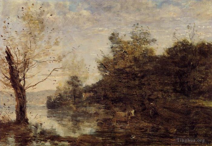 Jean-Baptiste-Camille Corot Oil Painting - Cowherd by the Water