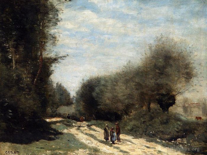 Jean-Baptiste-Camille Corot Oil Painting - Crecy en Brie Road in the Country