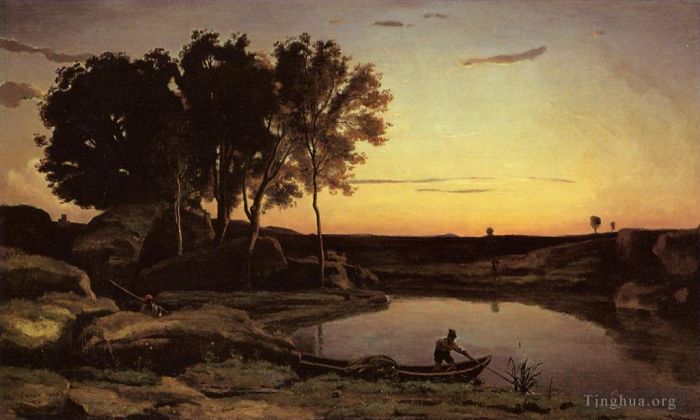 Jean-Baptiste-Camille Corot Oil Painting - Evening Landscape aka The Ferryman Evening