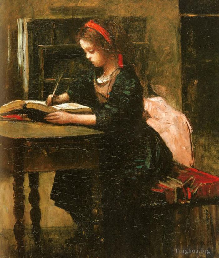 Jean-Baptiste-Camille Corot Oil Painting - Fillete A L etude En Train D Ecrire