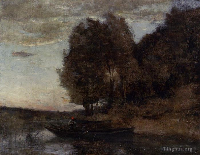 Jean-Baptiste-Camille Corot Oil Painting - Fisherman Boating along a Wooded Landscape