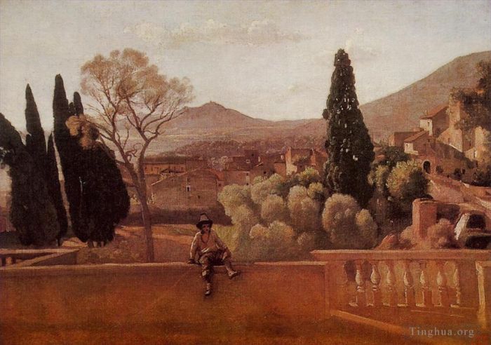 Jean-Baptiste-Camille Corot Oil Painting - Gardens of the Villa dEste at Tivoli