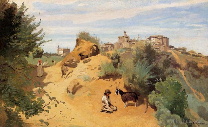 Jean-Baptiste-Camille Corot Oil Painting - Genzano Goatherd and Village