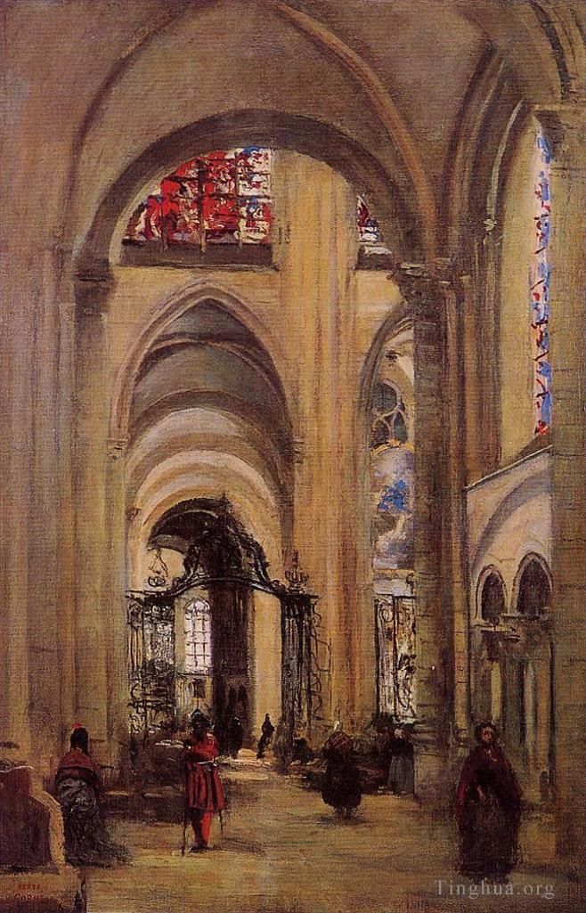 Jean-Baptiste-Camille Corot Oil Painting - Interior of Sens Cathedral