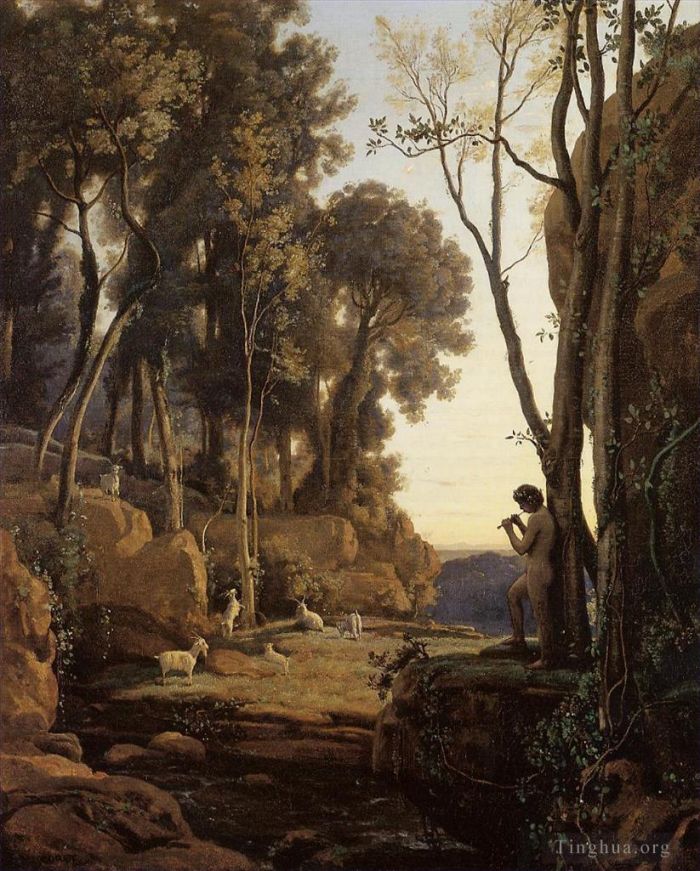 Jean-Baptiste-Camille Corot Oil Painting - Landscape Setting Sun aka The Little Shepherd