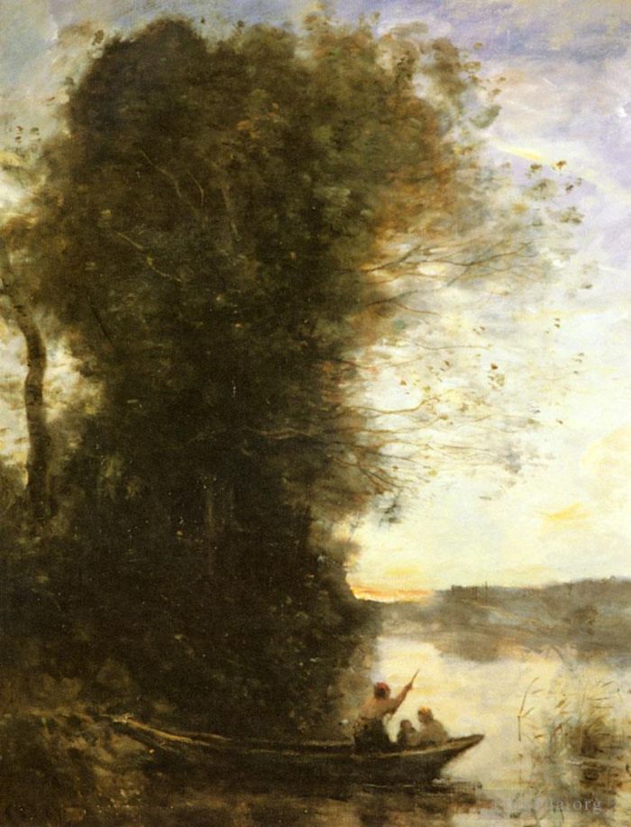 Jean-Baptiste-Camille Corot Oil Painting - Le Batelier Quittant La Rive Avec Une Femme Et Une Femme