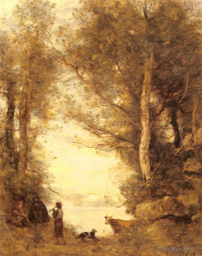 Jean-Baptiste-Camille Corot Oil Painting - Le Joueur De Flute Du Lac D Albano