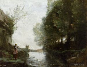 Artist Jean-Baptiste-Camille Corot's Work - Le cours deau a la tour carree