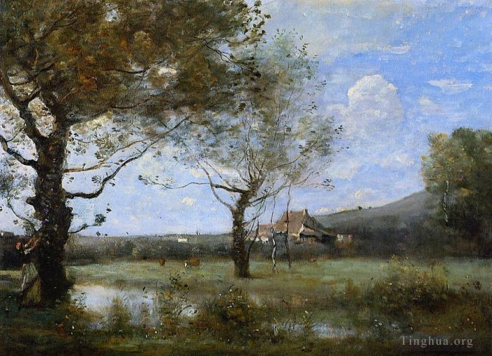 Jean-Baptiste-Camille Corot Oil Painting - Meadow with Two Large Trees