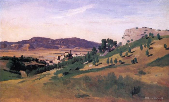 Jean-Baptiste-Camille Corot Oil Painting - Olevano the Town and the Rocks
