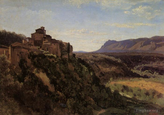Jean-Baptiste-Camille Corot Oil Painting - Papigno Buildings Overlooking the Valley