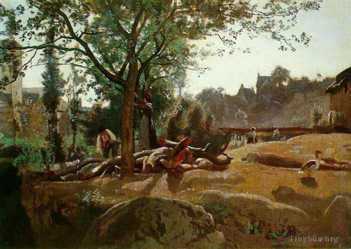Jean-Baptiste-Camille Corot Oil Painting - Peasants under the Trees at Dawn Morvan
