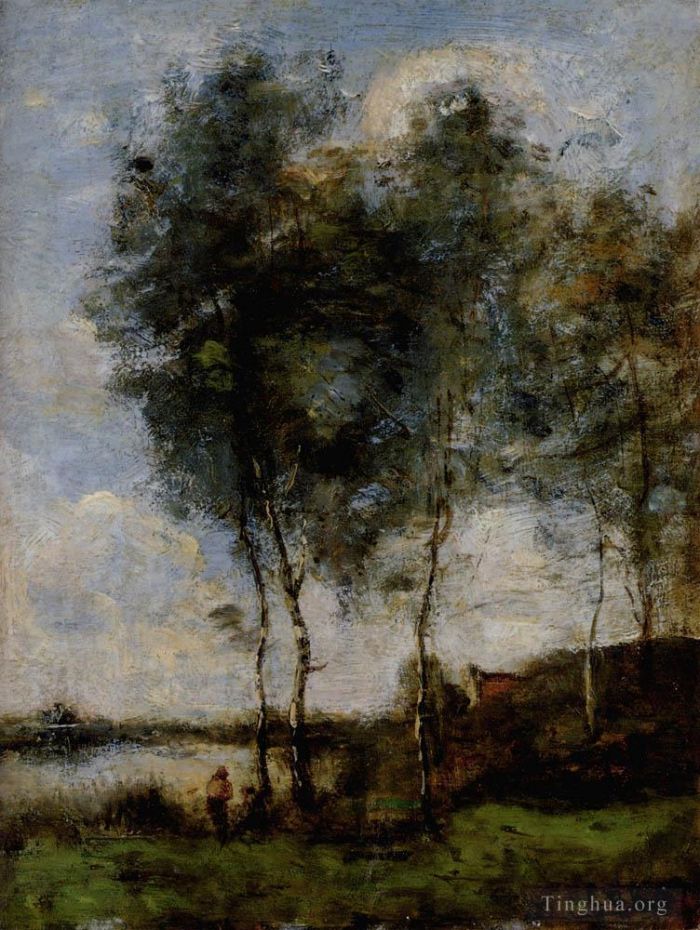 Jean-Baptiste-Camille Corot Oil Painting - Pecheur Au Bord De La Riviere