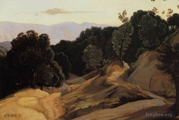 Jean-Baptiste-Camille Corot Oil Painting - Road through Wooded Mountains