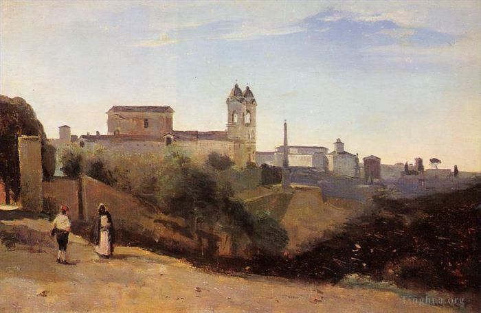 Jean-Baptiste-Camille Corot Oil Painting - Rome Monte Pinco the Trinita dei Monte View from the Garden of the Academie de France