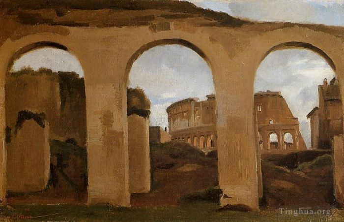 Jean-Baptiste-Camille Corot Oil Painting - Rome The Coliseum Seen through Arches of the Basilica of Constantine