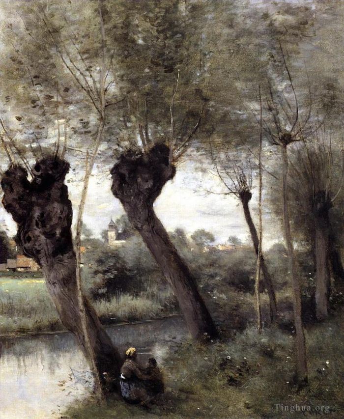 Jean-Baptiste-Camille Corot Oil Painting - Saint Nicholas les Arras Willows on the Banks of the Scarpe