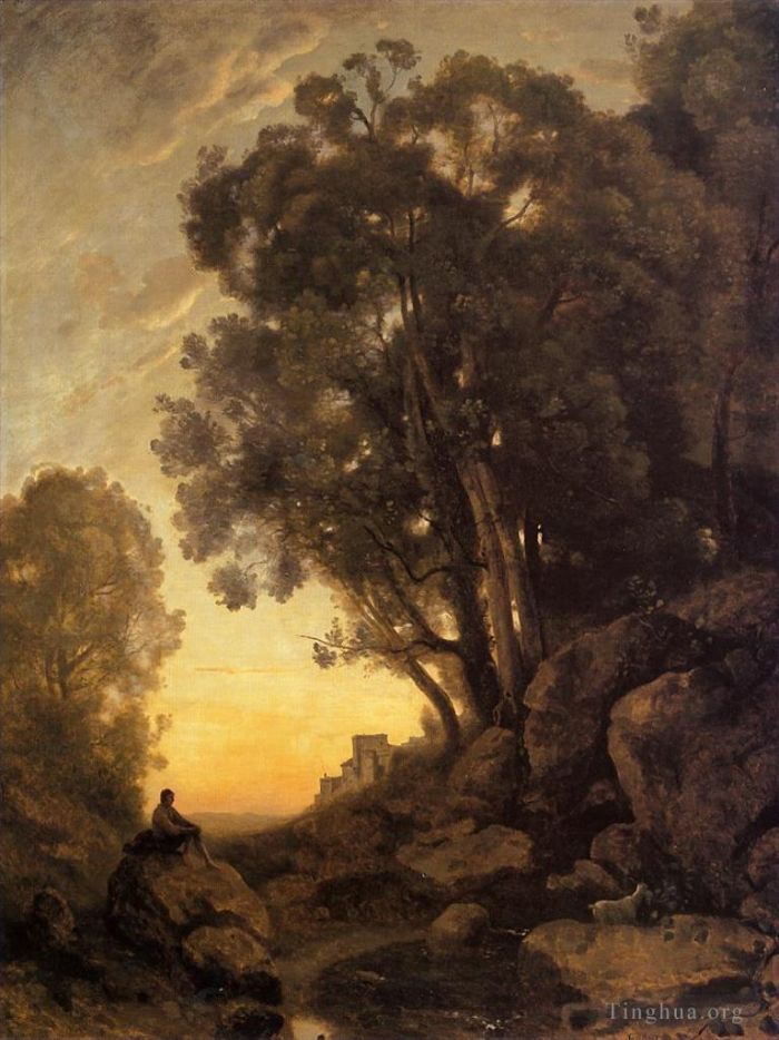 Jean-Baptiste-Camille Corot Oil Painting - The Italian Goatherd Evening