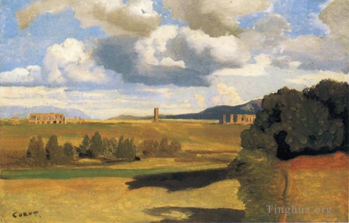 Jean-Baptiste-Camille Corot Oil Painting - The Roman Campaagna with the Claudian Aqueduct