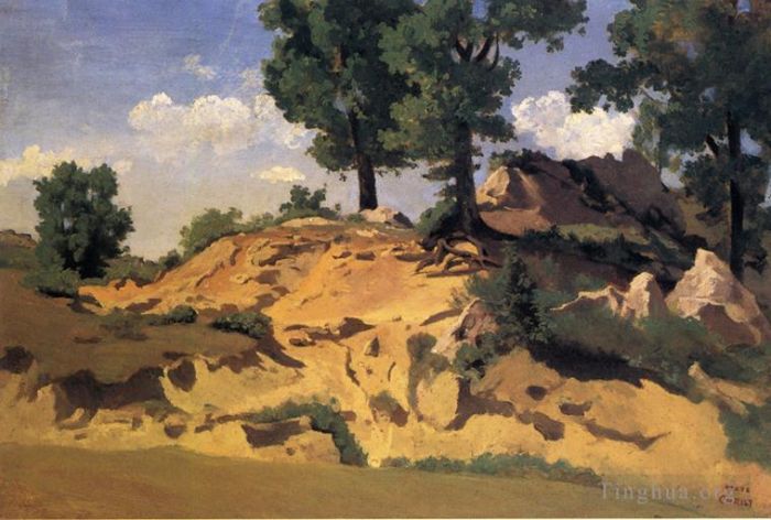 Jean-Baptiste-Camille Corot Oil Painting - Trees and Rocks at La Serpentara