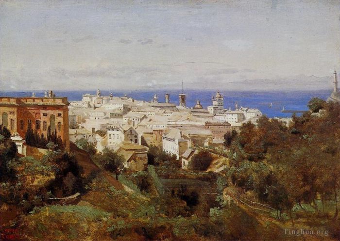 Jean-Baptiste-Camille Corot Oil Painting - View of Genoa from the Promenade of Acqua Sola