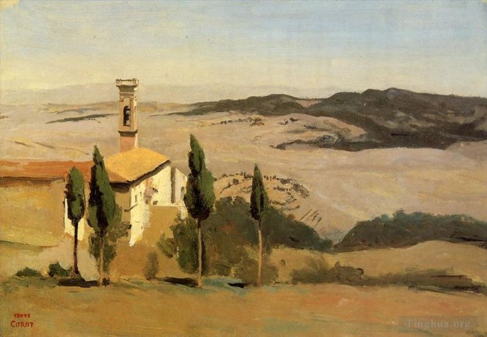 Jean-Baptiste-Camille Corot Oil Painting - Volterra Church and Bell Tower