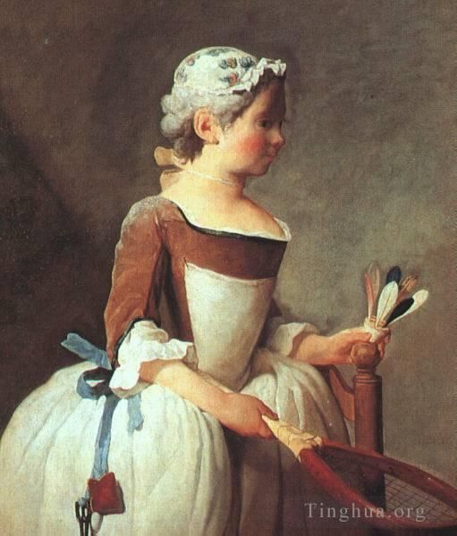 Jean-Baptiste-Simeon Chardin Oil Painting - Girl with Racket and Shuttlecock