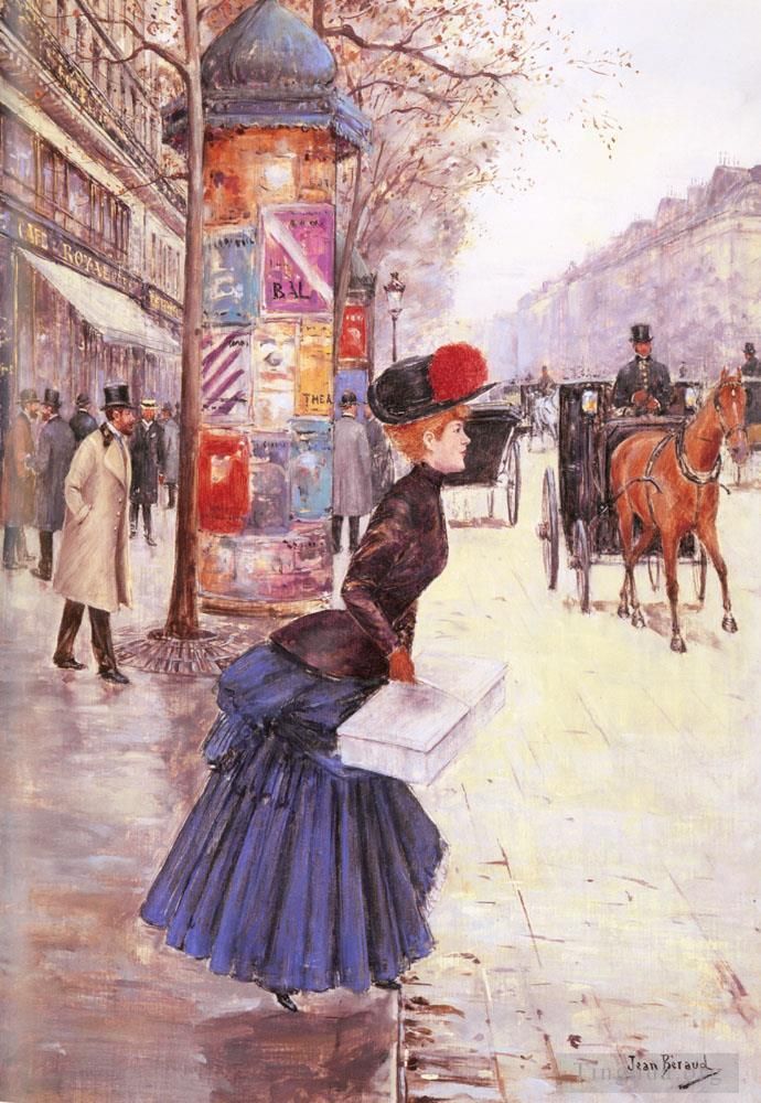 Jean Beraud Oil Painting - Jeune Femme Traverrsant Le Boulevard