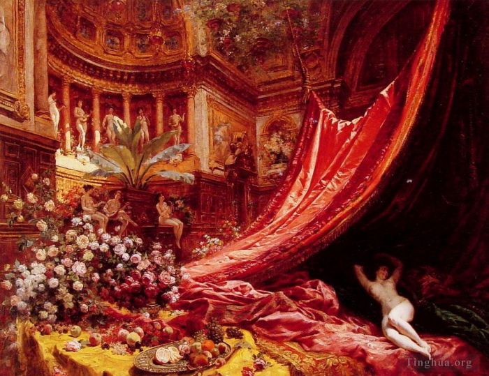 Jean Beraud Oil Painting - Symphony in Red and Gold