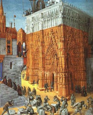 Antique Oil Painting - The Building Of A Cathedral