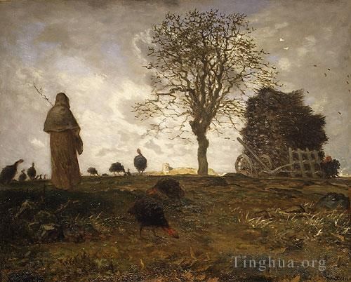 Jean-Francois Millet Oil Painting - Autumn Landscape with a Flock of Turkeys