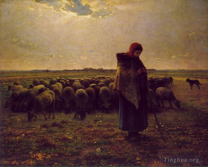 Jean-Francois Millet Oil Painting - Shepherdess with Her Flock