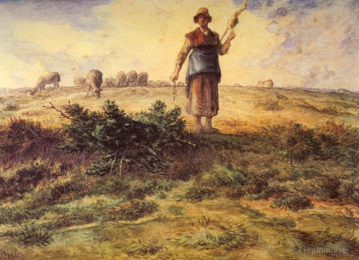 Jean-Francois Millet Various Paintings - A Shepherdess And Her Flock