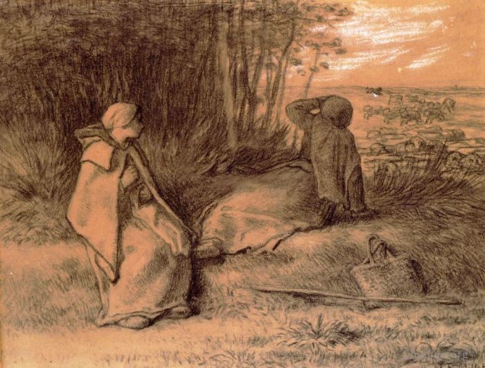 Jean-Francois Millet Various Paintings - Shepherdesses Seated In The Shade