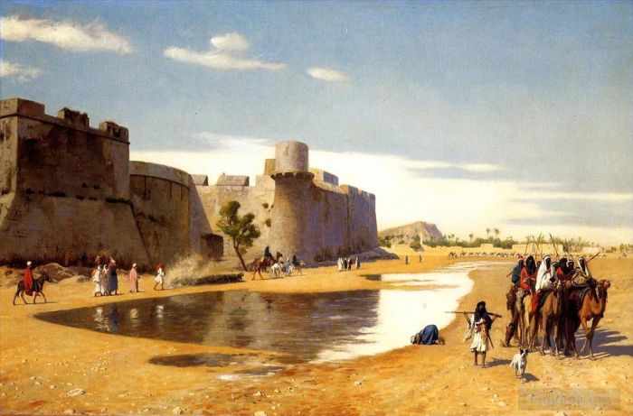 Jean-Leon Gerome Oil Painting - An Arab Caravan outside a Fortified Town Egypt
