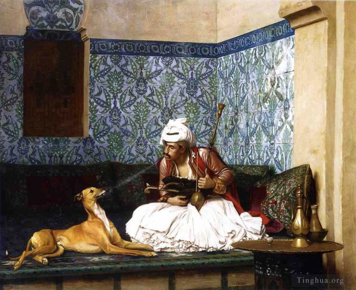 Jean-Leon Gerome Oil Painting - Arnaut blowing Smoke at the Nose of his Dog