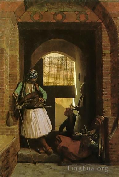 Jean-Leon Gerome Oil Painting - Arnauts of Cairo at the Gate of BabelNasr Greek Arabian