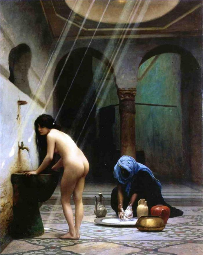 Jean-Leon Gerome Oil Painting - A Moorish Bath (Turkish Woman Bathing)