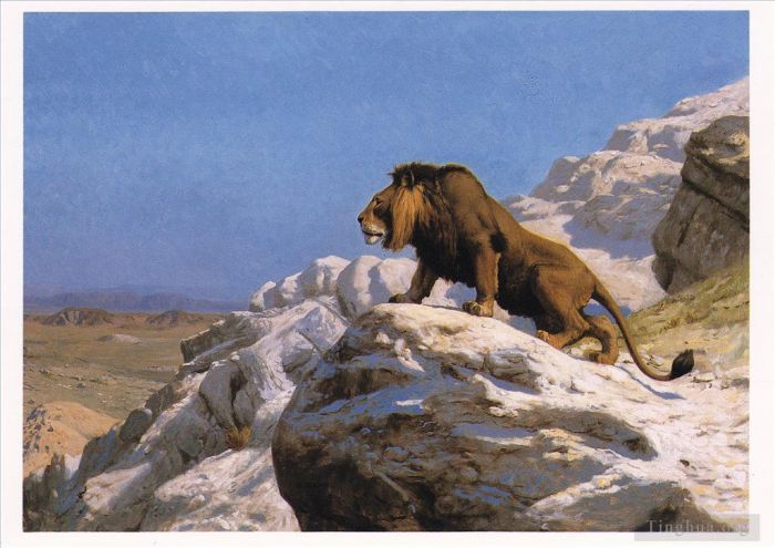 Jean-Leon Gerome Oil Painting - Lion on rock
