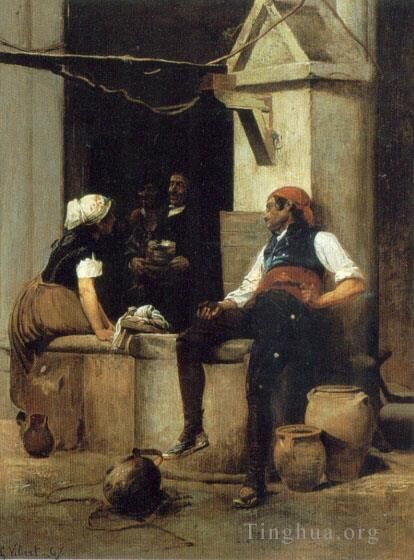 Jehan Georges Vibert Oil Painting - Chatting by the Fountain