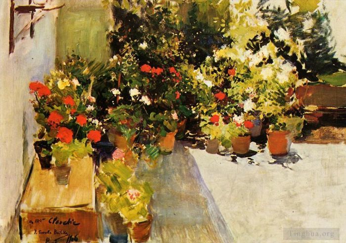 Joaquin Sorolla Oil Painting - A Rooftop with Flowers