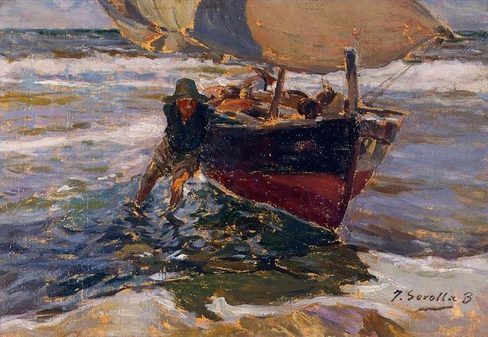 Joaquin Sorolla Oil Painting - Beaching the Boat study
