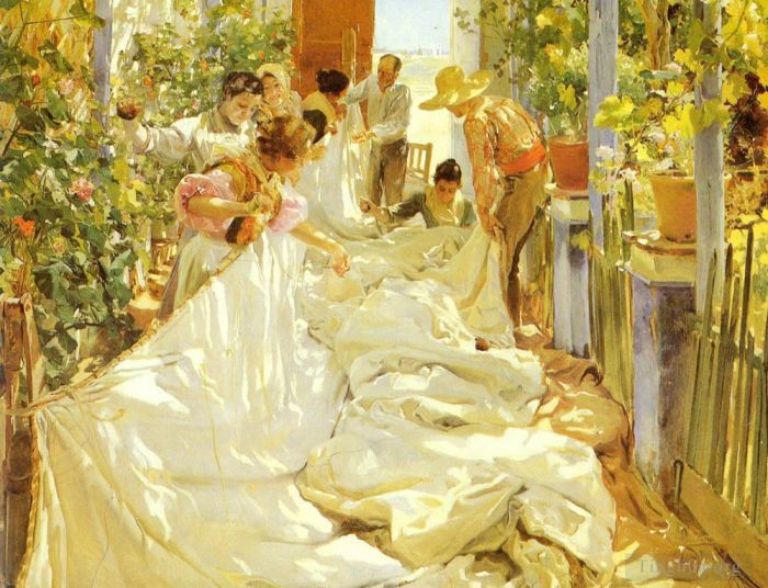 Joaquin Sorolla Oil Painting - Sewing the Sail