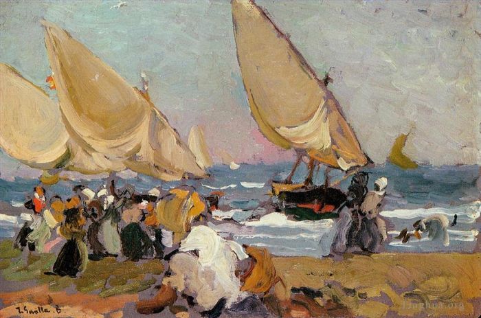 Joaquin Sorolla Oil Painting - Sailing Vessels on a Breezy Day Valencia