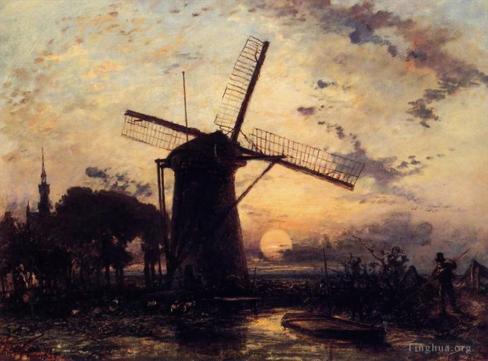 Johan Barthold Jongkind Oil Painting - Boatman by a Windmill at Sundown