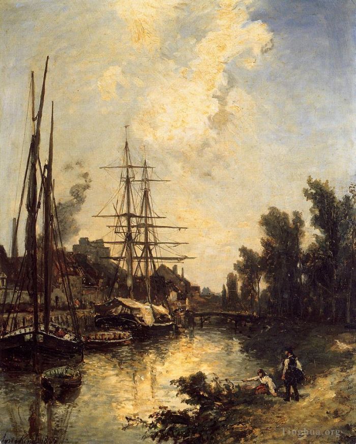 Johan Barthold Jongkind Oil Painting - Boats Dockside