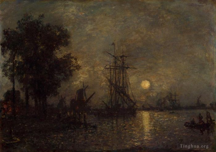 Johan Barthold Jongkind Oil Painting - Holandaise Landscape with Docked Boat
