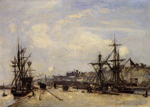 Antique Oil Painting - Honfleur the Railroad Dock