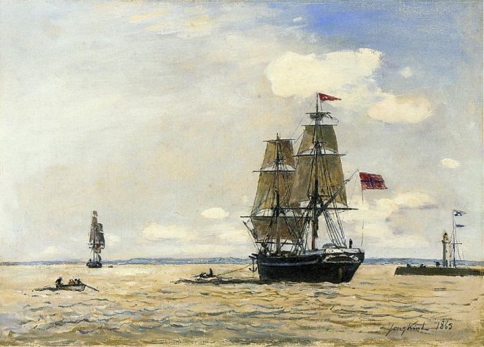 Johan Barthold Jongkind Oil Painting - Norwegian Naval Ship Leaving the Port of Honfleur
