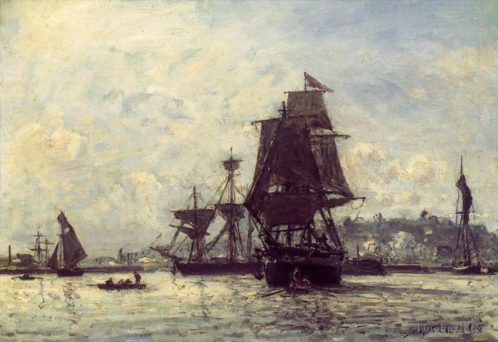 Johan Barthold Jongkind Oil Painting - Sailing Ships at Honfleur